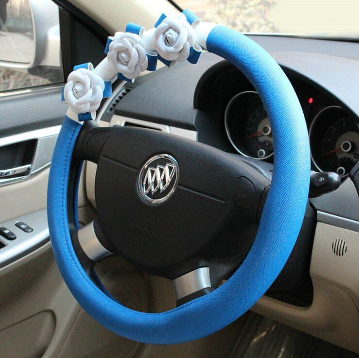 Cool Camellia Car Steering Wheel Wrap PU Leather 15 Inch 38CM - Blue