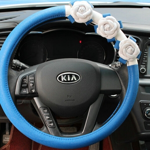 Cool Camellia Car Steering Wheel Wrap PU Leather 15 Inch 38CM - Blue
