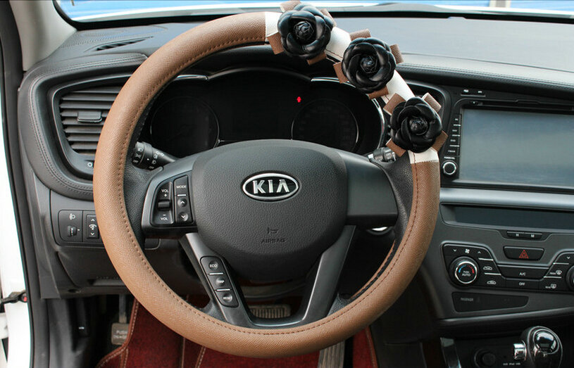 Cool Camellia Car Steering Wheel Wrap PU Leather 15 Inch 38CM - Brown