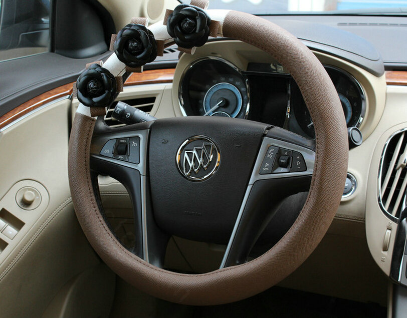 Cool Camellia Car Steering Wheel Wrap PU Leather 15 Inch 38CM - Brown
