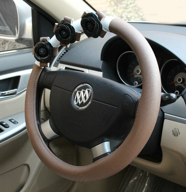 Cool Camellia Car Steering Wheel Wrap PU Leather 15 Inch 38CM - Brown
