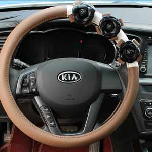 Cool Camellia Car Steering Wheel Wrap PU Leather 15 Inch 38CM - Brown