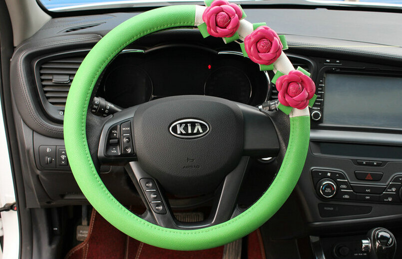 Cool Camellia Car Steering Wheel Wrap PU Leather 15 Inch 38CM - Green
