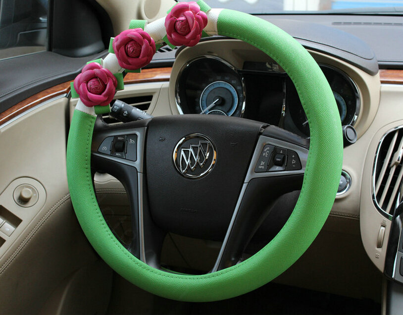 Cool Camellia Car Steering Wheel Wrap PU Leather 15 Inch 38CM - Green