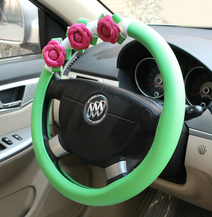 Cool Camellia Car Steering Wheel Wrap PU Leather 15 Inch 38CM - Green