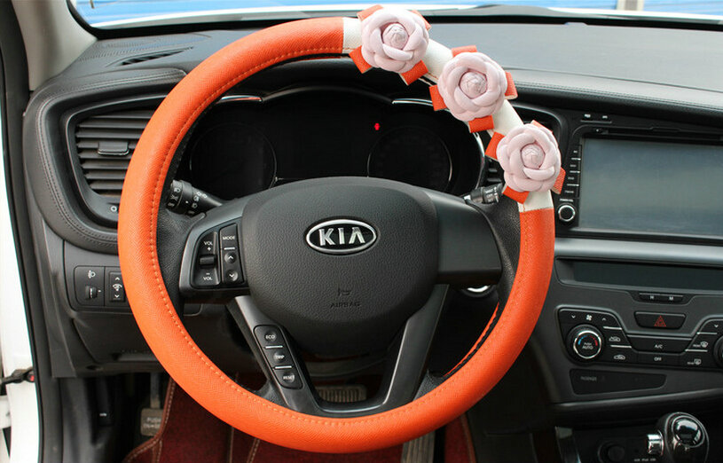 Cool Camellia Car Steering Wheel Wrap PU Leather 15 Inch 38CM - Orange