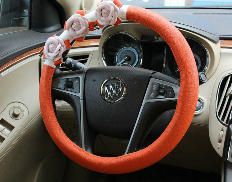 Cool Camellia Car Steering Wheel Wrap PU Leather 15 Inch 38CM - Orange