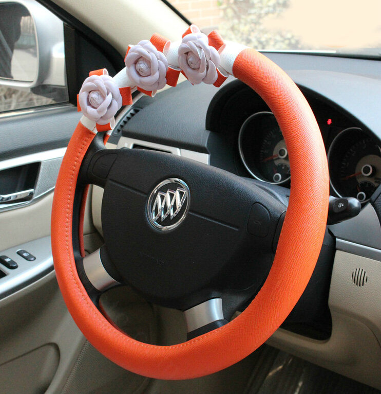 Cool Camellia Car Steering Wheel Wrap PU Leather 15 Inch 38CM - Orange