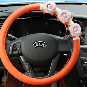 Cool Camellia Car Steering Wheel Wrap PU Leather 15 Inch 38CM - Orange