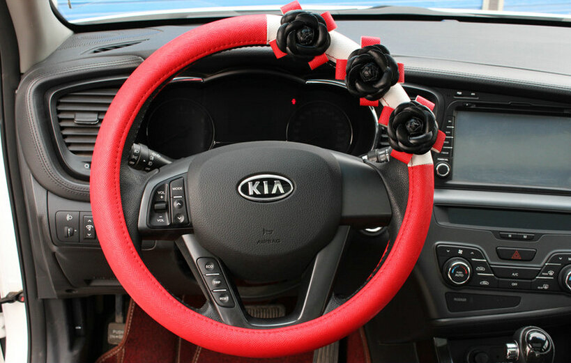 Cool Camellia Car Steering Wheel Wrap PU Leather 15 Inch 38CM - Red