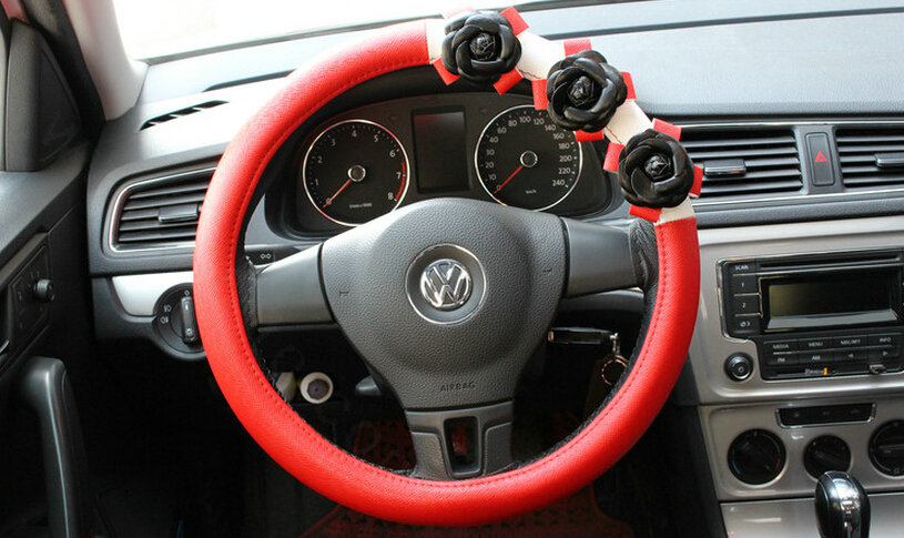 Cool Camellia Car Steering Wheel Wrap PU Leather 15 Inch 38CM - Red