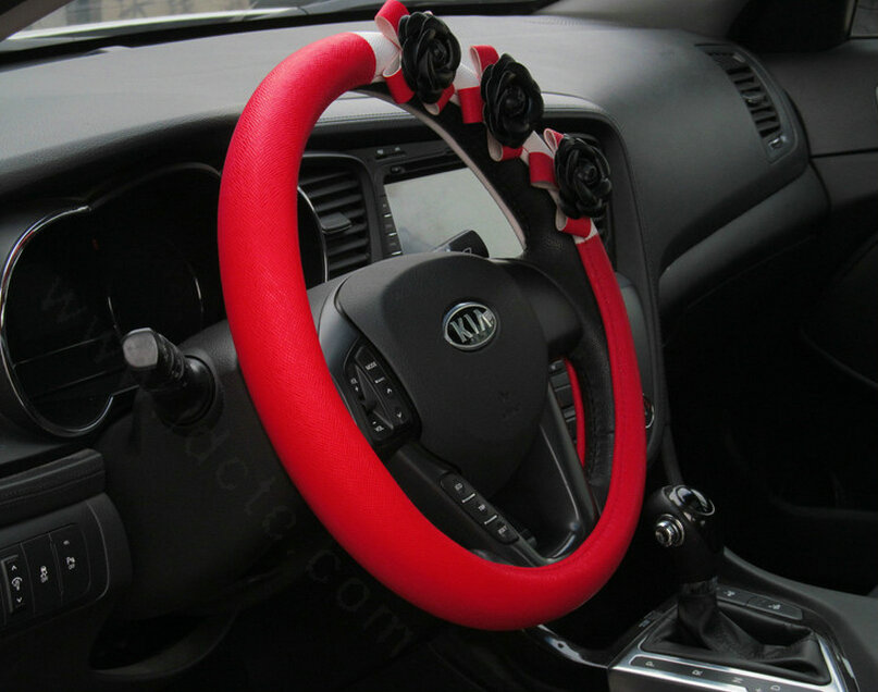 Cool Camellia Car Steering Wheel Wrap PU Leather 15 Inch 38CM - Red