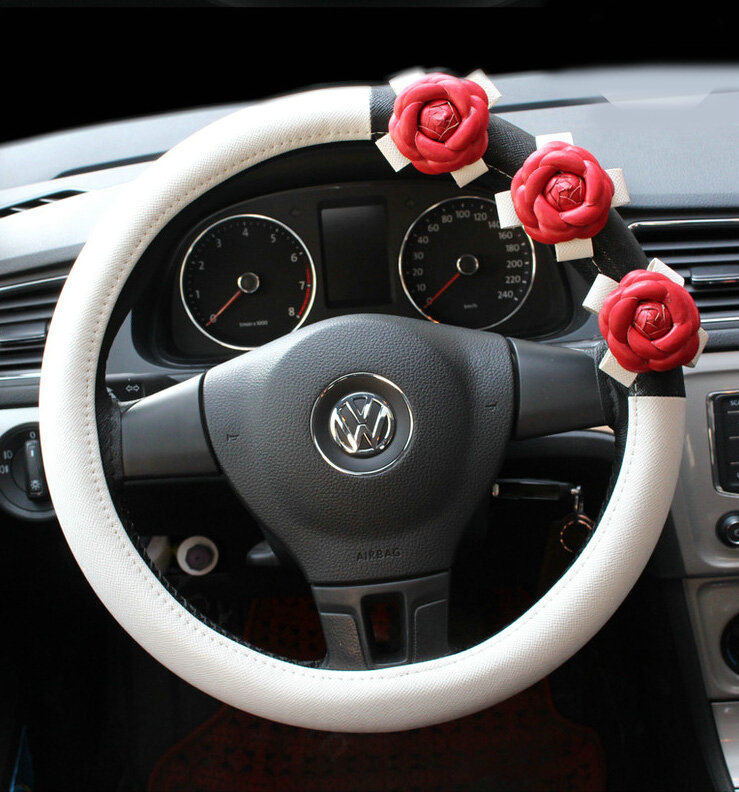 Cool Camellia Car Steering Wheel Wrap PU Leather 15 Inch 38CM - White