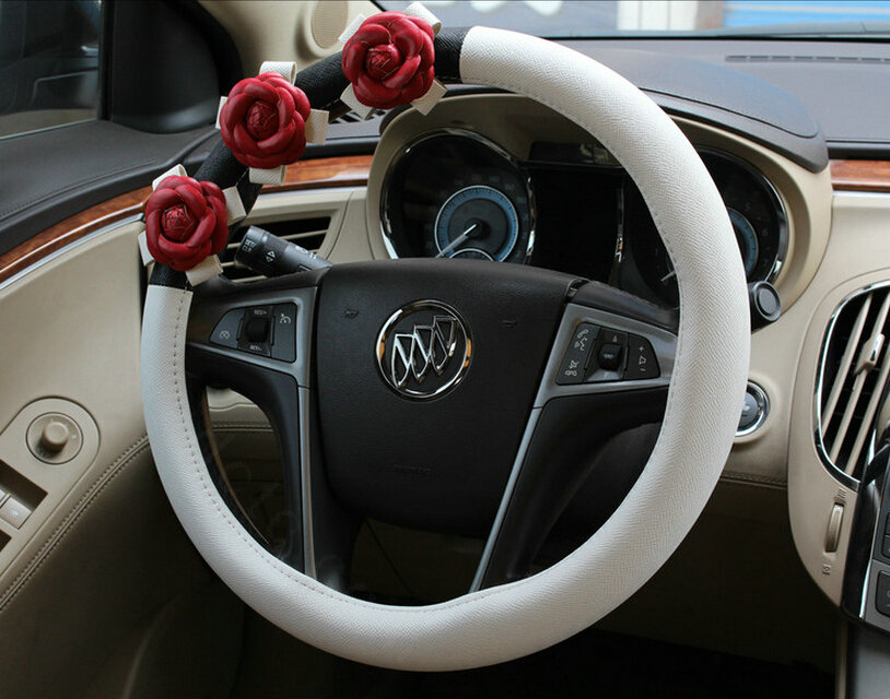 Cool Camellia Car Steering Wheel Wrap PU Leather 15 Inch 38CM - White