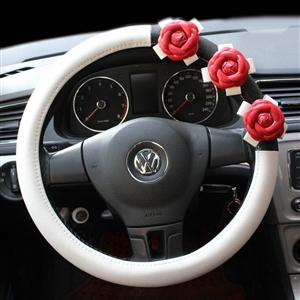 Cool Camellia Car Steering Wheel Wrap PU Leather 15 Inch 38CM - White