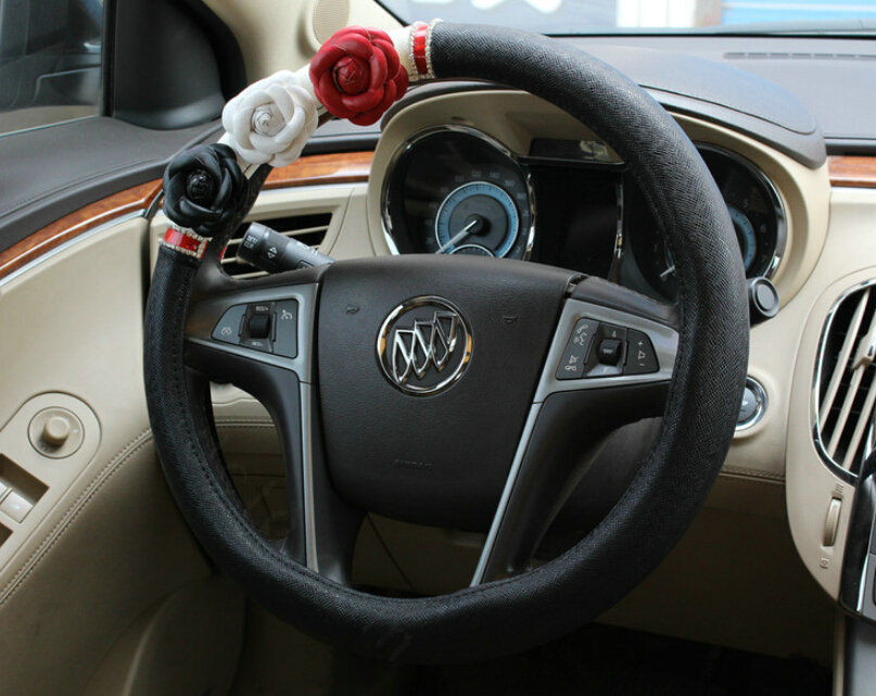 Cool Camellia Diamond Car Steering Wheel Wrap PU Leather 15 Inch 38CM - Black