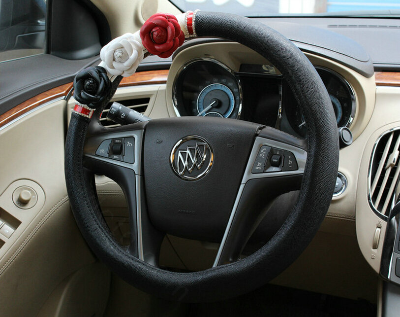 Cool Camellia Diamond Car Steering Wheel Wrap PU Leather 15 Inch 38CM - Black
