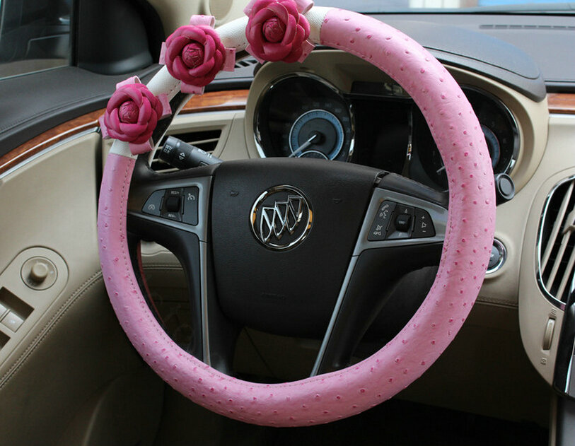 Cool Camellia Dot Car Steering Wheel Wrap PU Leather 15 Inch 38CM - Pink