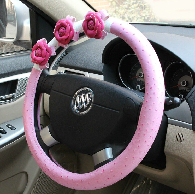 Cool Camellia Dot Car Steering Wheel Wrap PU Leather 15 Inch 38CM - Pink
