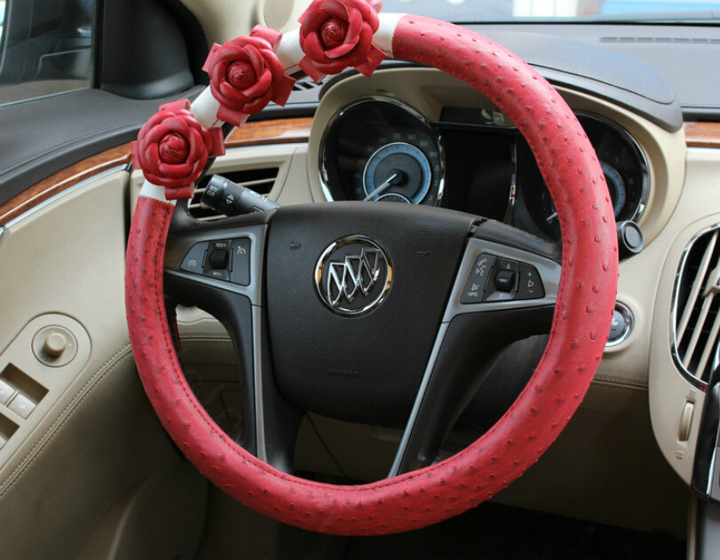 Cool Camellia Dot Car Steering Wheel Wrap PU Leather 15 Inch 38CM - Red