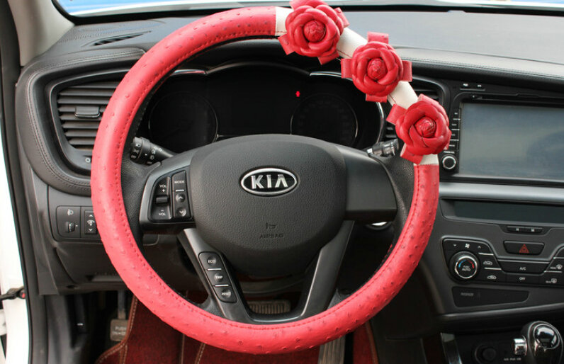 Cool Camellia Dot Car Steering Wheel Wrap PU Leather 15 Inch 38CM - Red