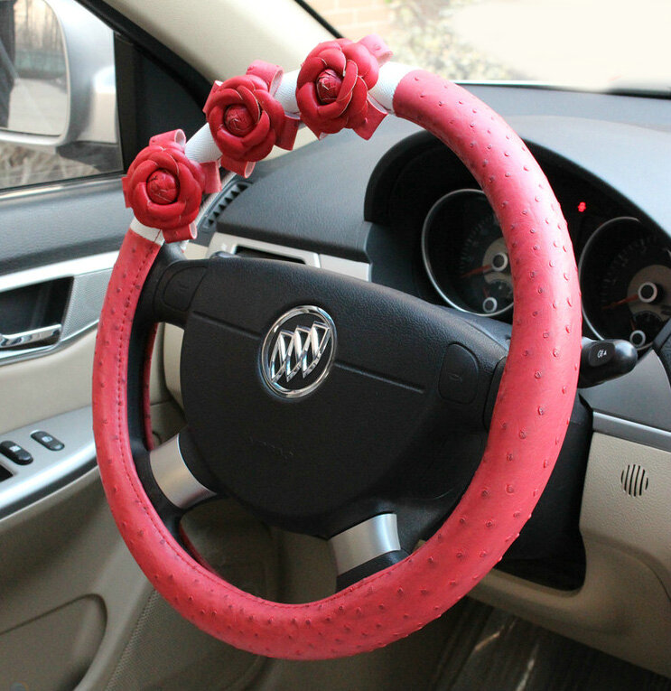 Cool Camellia Dot Car Steering Wheel Wrap PU Leather 15 Inch 38CM - Red