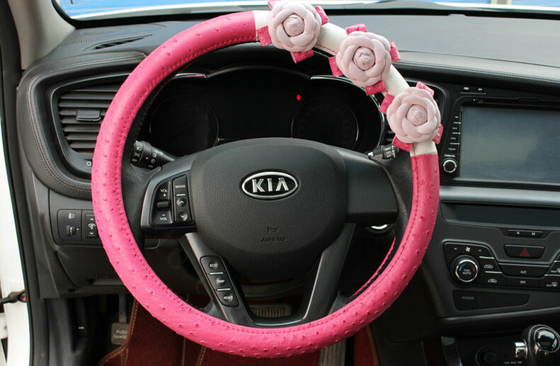 Cool Camellia Dot Car Steering Wheel Wrap PU Leather 15 Inch 38CM - Rose