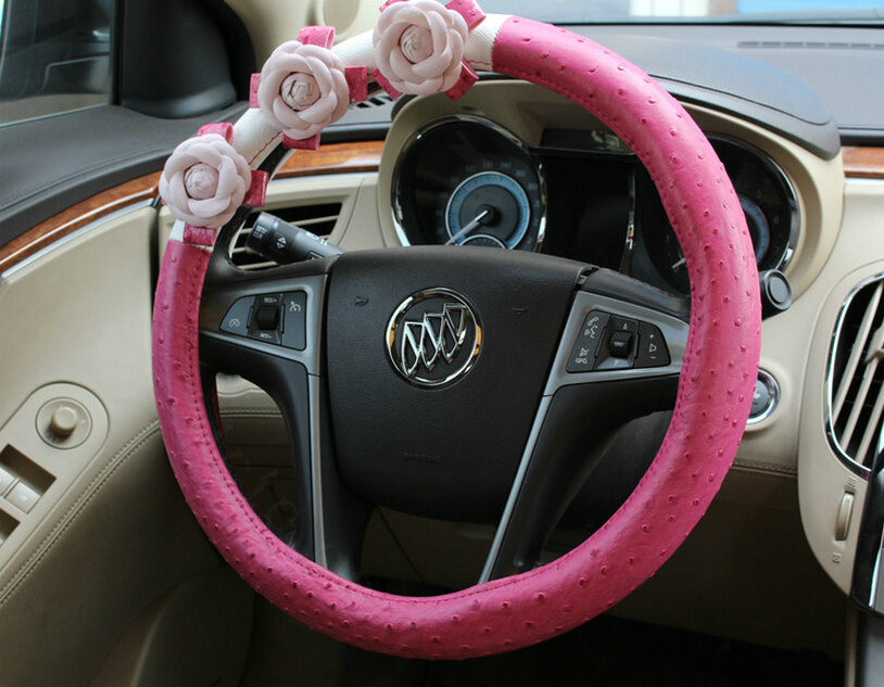 Cool Camellia Dot Car Steering Wheel Wrap PU Leather 15 Inch 38CM - Rose