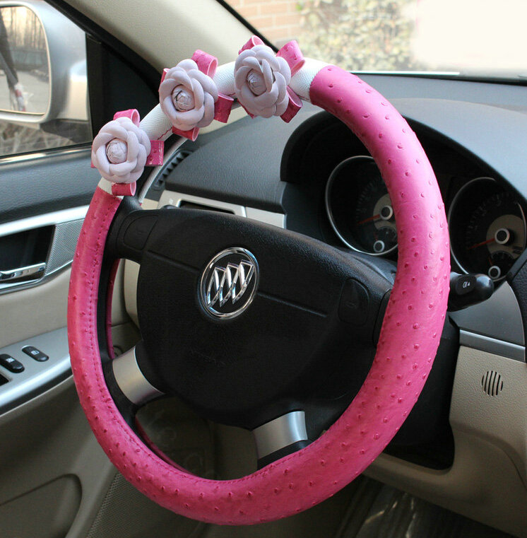 Cool Camellia Dot Car Steering Wheel Wrap PU Leather 15 Inch 38CM - Rose