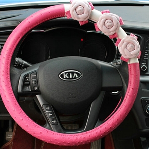 Cool Camellia Dot Car Steering Wheel Wrap PU Leather 15 Inch 38CM - Rose