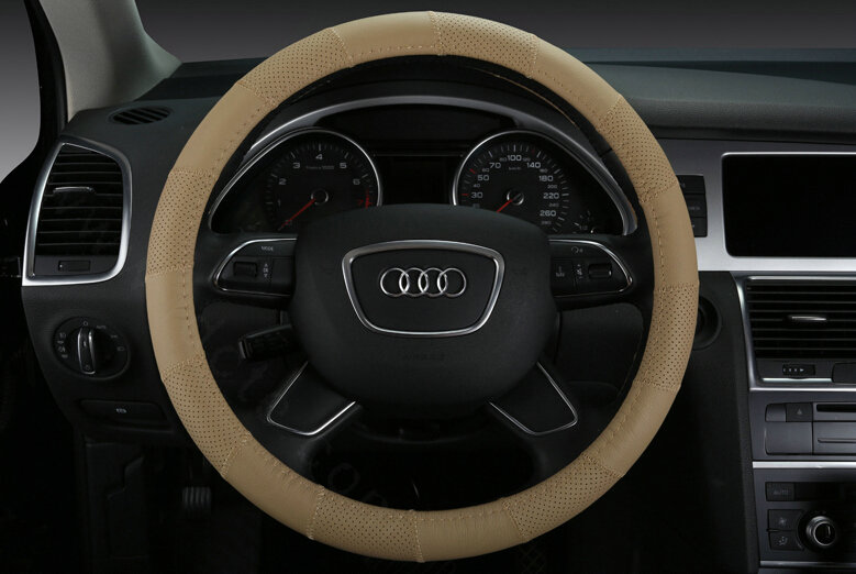 Cool Car Steering Wheel Wrap Genuine Leather 15 Inch 38CM - Beige