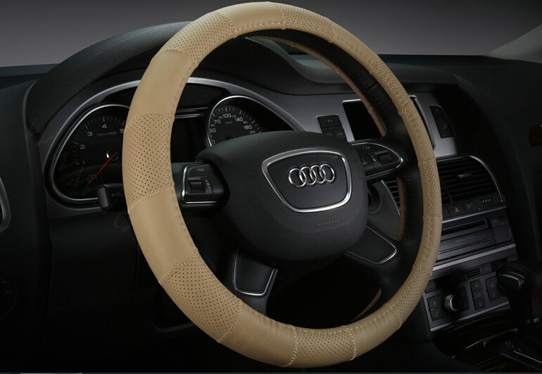 Cool Car Steering Wheel Wrap Genuine Leather 15 Inch 38CM - Beige