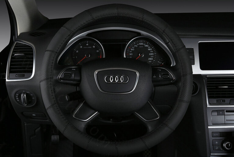 Cool Car Steering Wheel Wrap Genuine Leather 15 Inch 38CM - Black