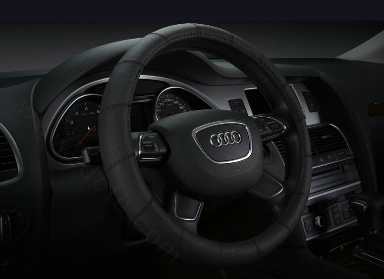 Cool Car Steering Wheel Wrap Genuine Leather 15 Inch 38CM - Black