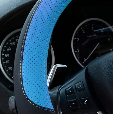 Cool Car Steering Wheels Covers Genuine Leather 15 Inch 38CM - Black Blue