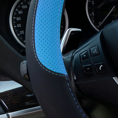 Cool Car Steering Wheels Covers Genuine Leather 15 Inch 38CM - Black Blue