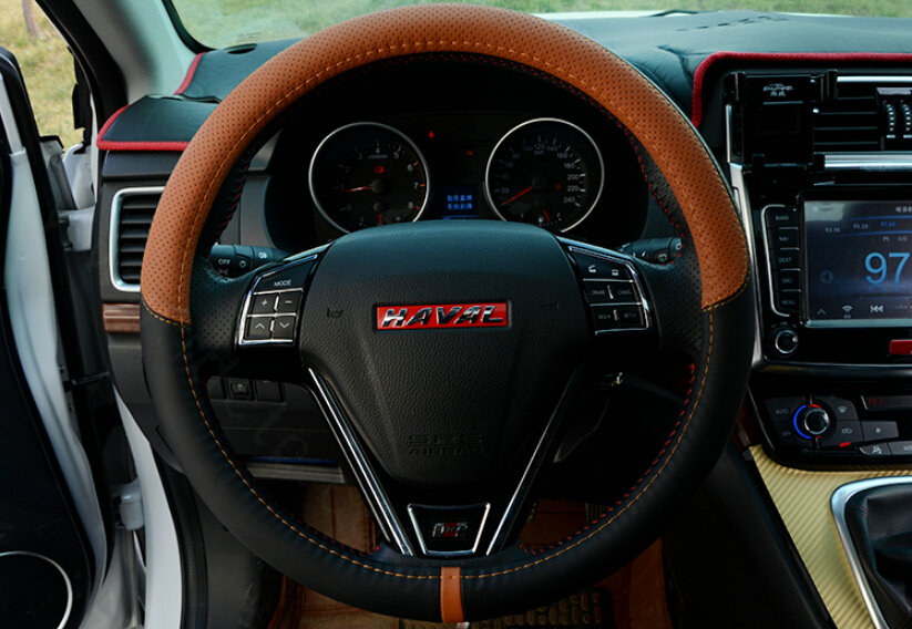 Cool Car Steering Wheels Covers Genuine Leather 15 Inch 38CM - Black Brown