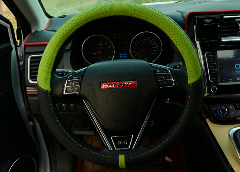 Cool Car Steering Wheels Covers Genuine Leather 15 Inch 38CM - Black Green