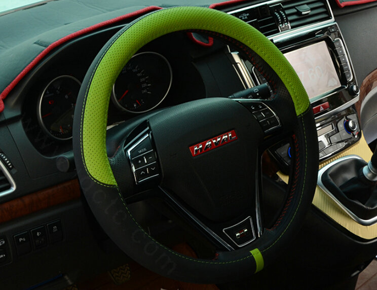Cool Car Steering Wheels Covers Genuine Leather 15 Inch 38CM - Black Green