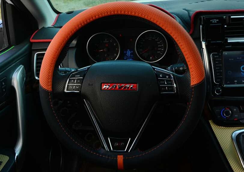 Cool Car Steering Wheels Covers Genuine Leather 15 Inch 38CM - Black Orange