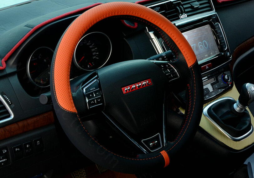 Cool Car Steering Wheels Covers Genuine Leather 15 Inch 38CM - Black Orange