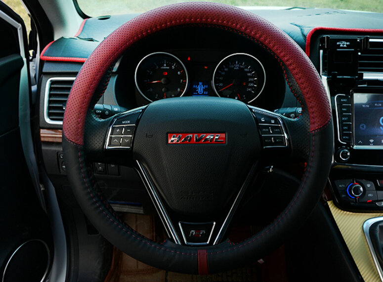 Cool Car Steering Wheels Covers Genuine Leather 15 Inch 38CM - Black Red