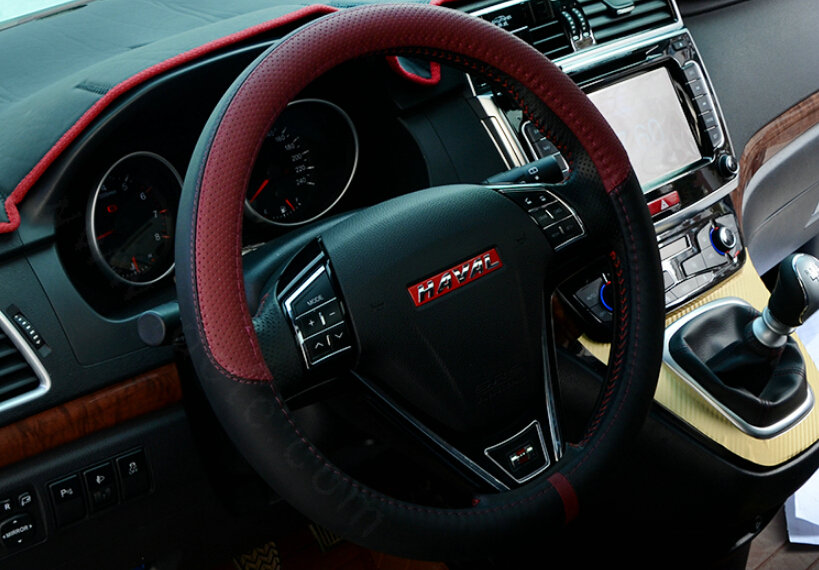 Cool Car Steering Wheels Covers Genuine Leather 15 Inch 38CM - Black Red