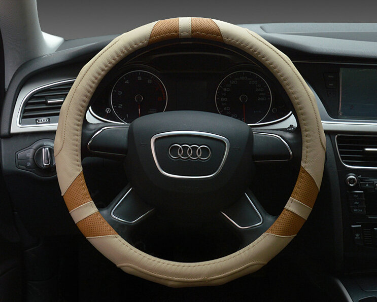Cooling Auto Steering Wheel Wrap Genuine Leather 15 Inch 38CM - Beige Brown