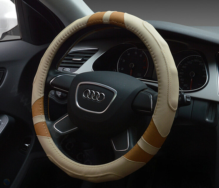 Cooling Auto Steering Wheel Wrap Genuine Leather 15 Inch 38CM - Beige Brown
