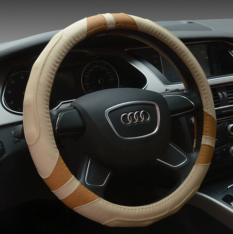 Cooling Auto Steering Wheel Wrap Genuine Leather 15 Inch 38CM - Beige Brown