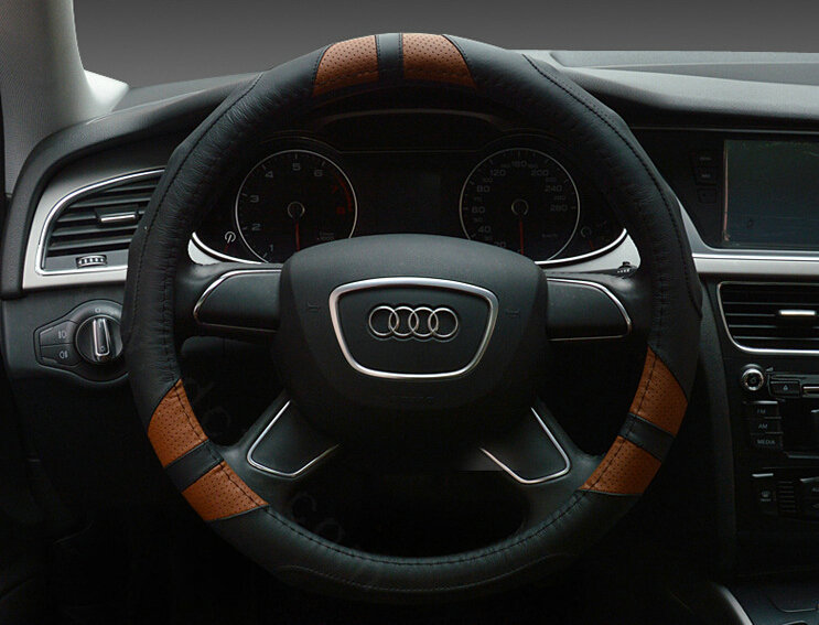 Cooling Auto Steering Wheel Wrap Genuine Leather 15 Inch 38CM - Black Brown