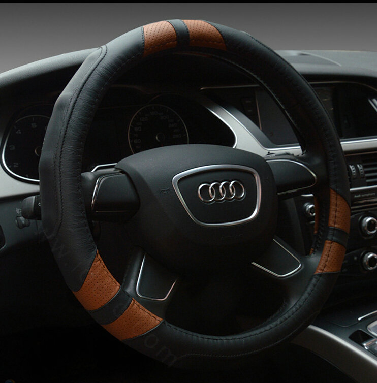 Cooling Auto Steering Wheel Wrap Genuine Leather 15 Inch 38CM - Black Brown