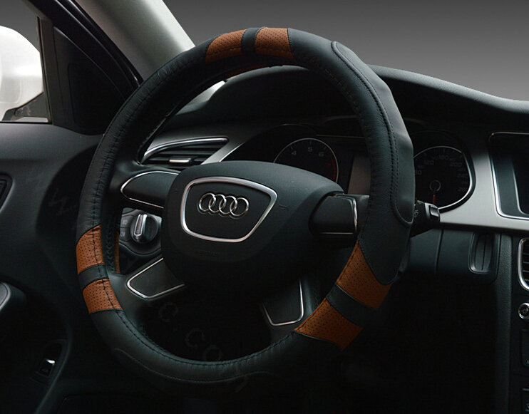 Cooling Auto Steering Wheel Wrap Genuine Leather 15 Inch 38CM - Black Brown