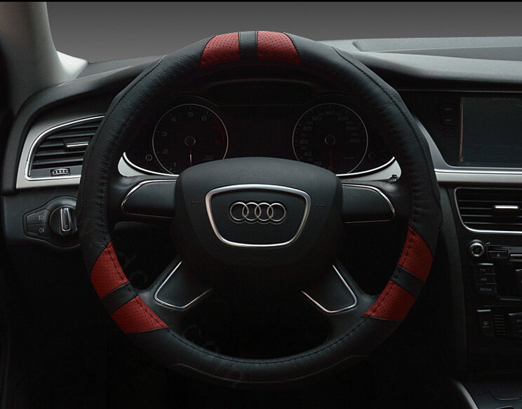 Cooling Auto Steering Wheel Wrap Genuine Leather 15 Inch 38CM - Black Red